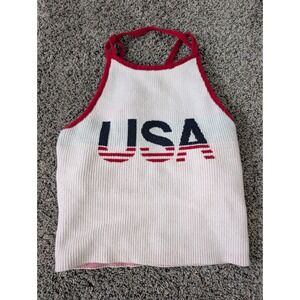 Hollister USA Graphic Ribbed Knit Halter Top White Red Blue Small Cropped Tank